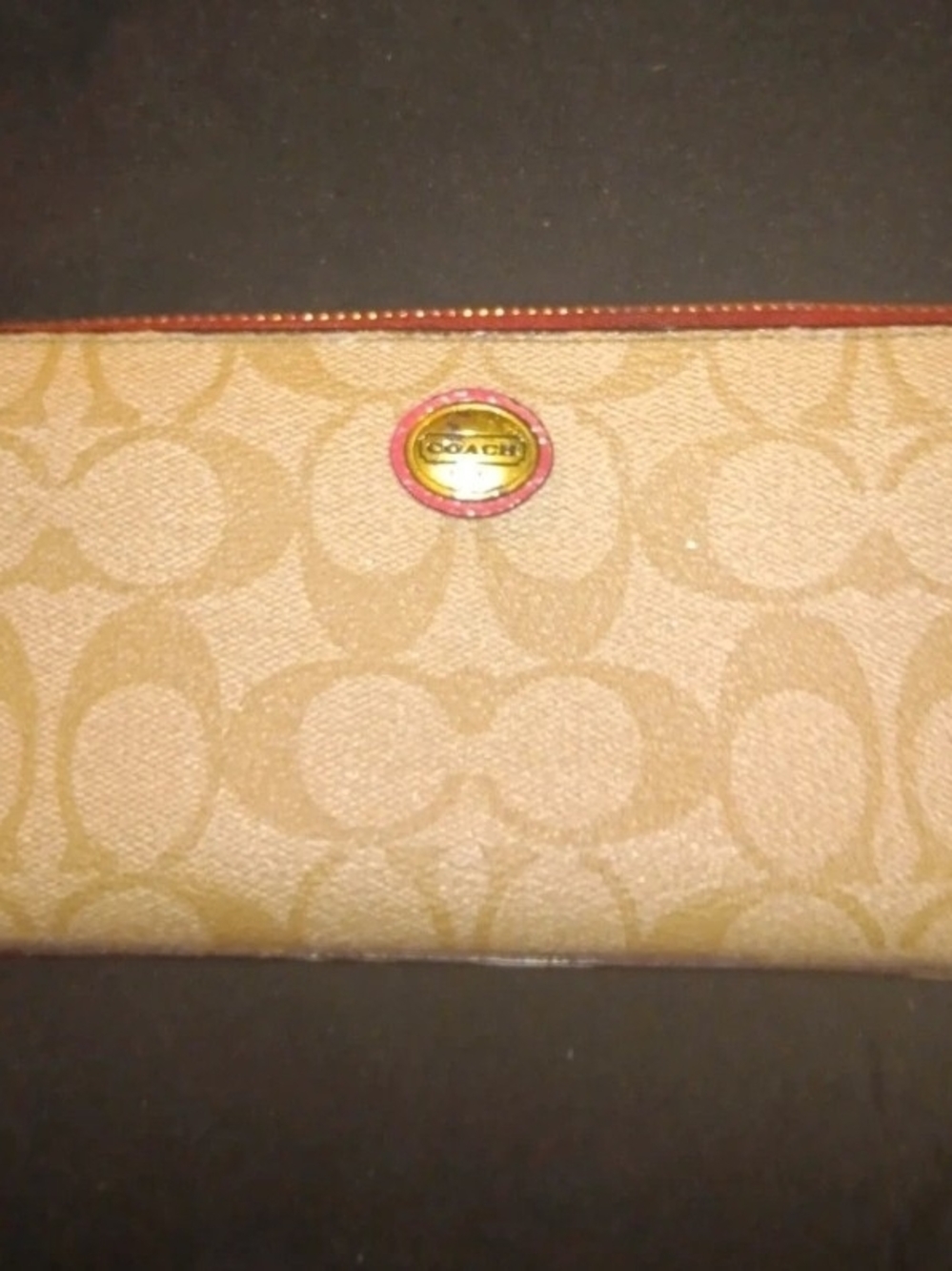 Coach Signature Coated Canvas Wallet in Tan with Pink Trim